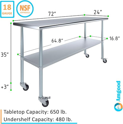Stainless Steel Work Table with Wheels | NSF Kitchen Island Food Prep | Laundry Garage Utility Bench (Table + Wheels, 72" Long x 24" Deep)