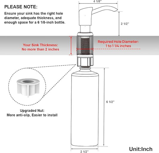 GAGALIFE Built in Sink Soap Dispenser or Lotion Dispenser for Kitchen Sink, Matte Black ABS Pump Head, with 17 Ounce PET Large Soap Bottle