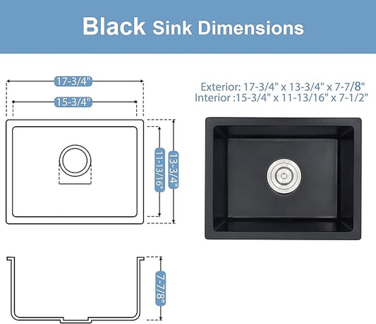 Black Bar Sink 18 x 14, Matte Black Granite Composite Undermount Kitchen Sinks, 18 Inch Quartz Stone Kitchen Sink With Sink Drain Assembly and Sink Bottom Grid