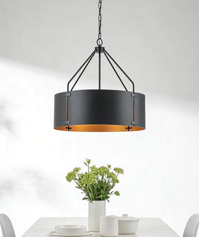 Drum Chandeliers for Dining Room,22 in Black and Gold Metal Dining Room Light Fixture Over Table, Industrial Modern Farmhouse Pendant Light for Kitchen,Entryway,Living Room