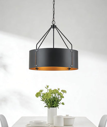 Drum Chandeliers for Dining Room,22 in Black and Gold Metal Dining Room Light Fixture Over Table, Industrial Modern Farmhouse Pendant Light for Kitchen,Entryway,Living Room