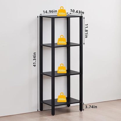 YUFAM 4 Tier Tall Wooden Bookshelf with Storage - Small Bookcase for Small Spaces, Shelf for Living Room, Office, Bedroom, Kitchen - Industrial Modern Black Book Shelf