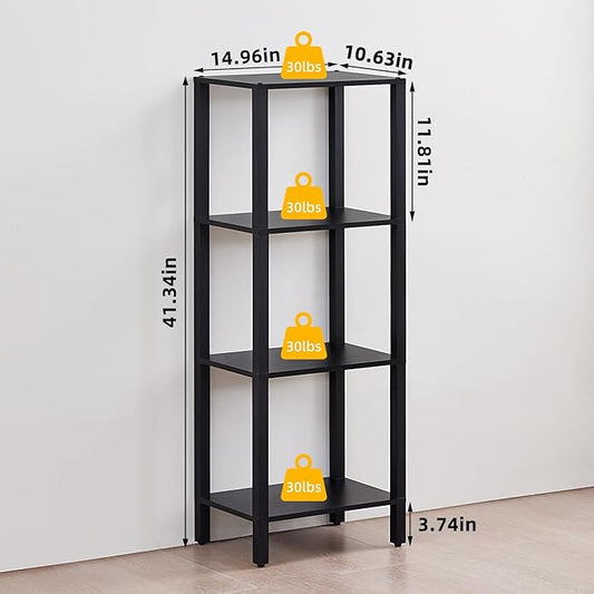 YUFAM 4 Tier Tall Wooden Bookshelf with Storage - Small Bookcase for Small Spaces, Shelf for Living Room, Office, Bedroom, Kitchen - Industrial Modern Black Book Shelf