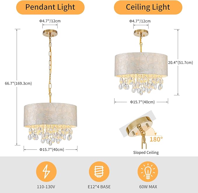 LumFurn D 16inch 4-Light Drum Capiz Shell Crystal Chandeliers, Coastal Style Pendant Light Fixture for Dining Room, Living Room, D16x20~67"(Adjustable Height), Shell Lampshade, Crystal & Gold Finish