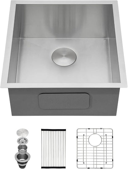 Kichae 19" x 20" Bar Prep Sink Undermount Stainless Steel Deep Single Bowl RV Wet Bar Sink 16 Gauge Round Corner Camper Handmade Kitchen Basin