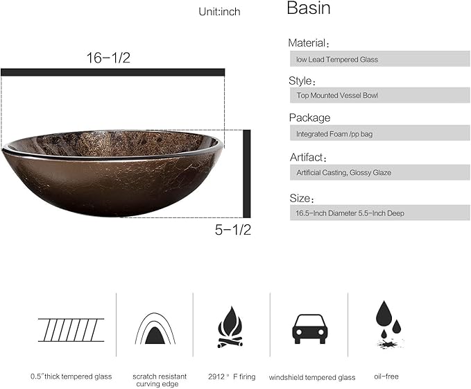 Bathroom Artistic Vessel Sink, Tempered Glass Vanity Round Bowl with Black Faucet and Pop up drain Set, Brown