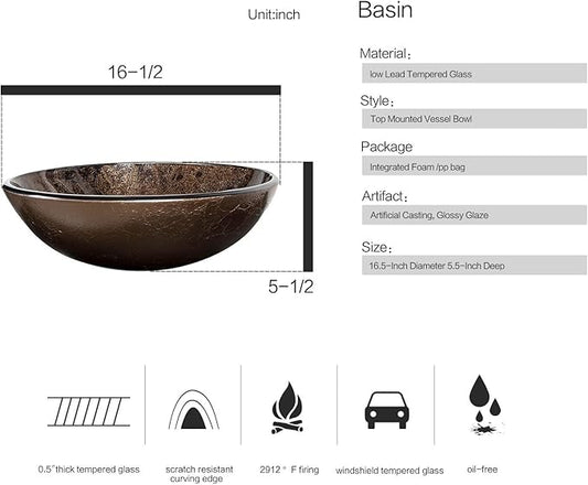 Bathroom Artistic Vessel Sink, Tempered Glass Vanity Round Bowl with Black Faucet and Pop up drain Set, Brown