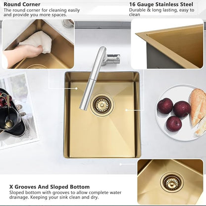 13 Inch Gold Bar Sink Undermount-VASOYO 13x15 Inch Undermount Bar Sink Gold Small Rv Kitchen Sinks Outdoor Island Sinks 16 Gauge Stainless Steel Single Bowl Basin with Bottom Grid