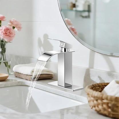 Chrome Bathroom Faucets, Waterfall Bathroom Sink Faucet Single Handle Bathroom Faucet for 1 or 3 Hole, Mixer Tap Vanity Faucet with Deck Plate, Pop-up Drain and Supply Hoses