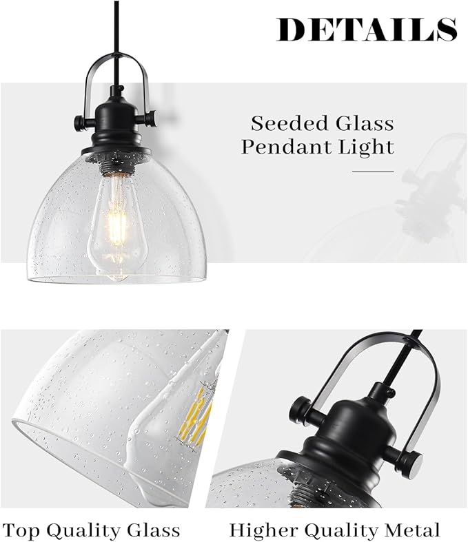 Black Pendant Lights Kitchen Island 2 Pack, 7.5" Seeded Glass Pendant Lights, Vintage Industrial Pendant Light Kitchen Island, Farmhouse Pendant Lighting for Kitchen, Dining Room, Bar, Cafe