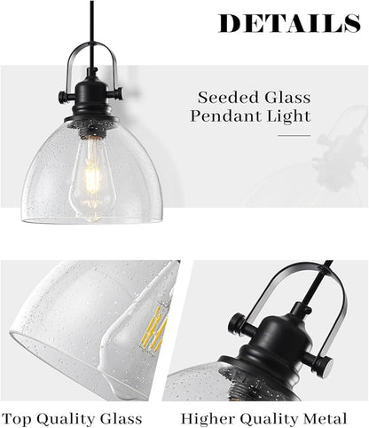 Black Pendant Lights Kitchen Island 2 Pack, 7.5" Seeded Glass Pendant Lights, Vintage Industrial Pendant Light Kitchen Island, Farmhouse Pendant Lighting for Kitchen, Dining Room, Bar, Cafe