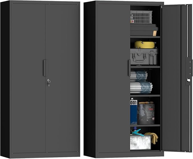 GREATMEET Metal Garage Storage Cabinets, 72" Tall Locking Cabinets with Doors and Shelves, Utility Cabinet with Lock for Garage, Home, Black