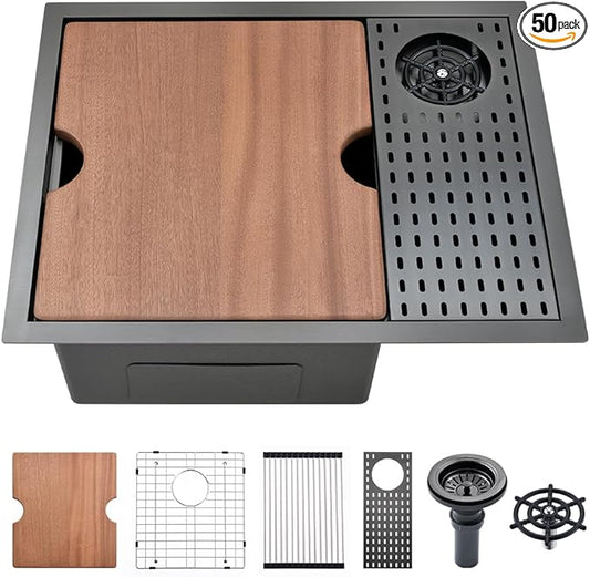 24 Inch Black Undermount Kitchen Sink with Glass Rinser-VASOYO 24x19 Black Kitchen Sink Undermount Workstation Wet Bar Sinks 16 Gauge Deep Single Bowl with Cup Washer
