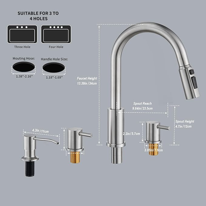 Tohlar Kitchen Faucets, Brushed Nickel Kitchen Faucet Pull Down Sprayer Stainless Steel Sink Faucets with Soap Dispenser Commercial Modern Rv Faucets, Llaves para fregaderos de cocina