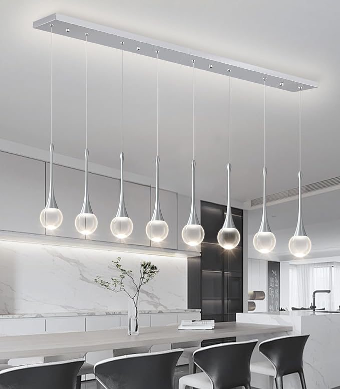Rectangular Crystal Pendant Lights for Kitchen Island 8 Light Dimmable Crystal Chandelier Lighting Fixtures with Remote for Dining Room Living Room Silver