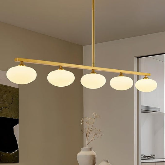Gold Linear Chandelier, 5-Lights Kitchen Island Light, Dining Room Light Fixture Over Table, Mid Century Globe Chandelier