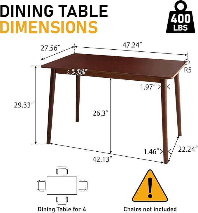 BAKEVE Bamboo Dining Table for 4-6 Person- 47.2'' Solid Wood Kitchen Table, Farmhouse Rectangular Dining Room Table, Mid Century Modern Desk for Living Room, Office, Kitchen and Study (Walnut)
