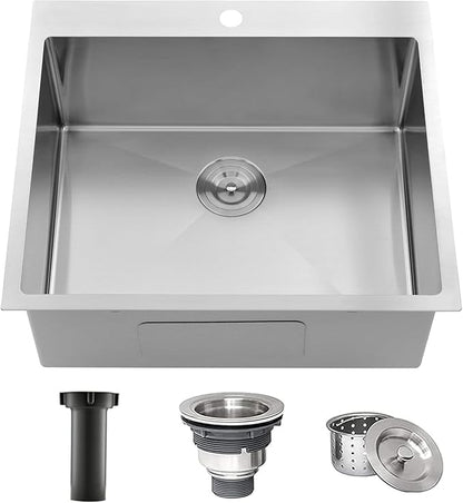 Comllen 25 x 22 Inch Drop In Kitchen Sink, Brushed Nickel Topmount 16 Gauge Stainless Steel Kitchen Sinks, 8 Inch Deep Utility RV Sink
