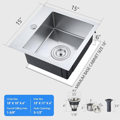 15 x 15 inch Bar Sink, Drop-in Tight Radius Brushed Stainless Steel Topmount Kitchen Sink Single Bowl