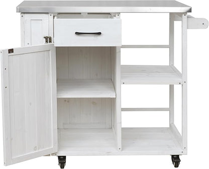 JIJIWANG 35.6" Outdoor Kitchen Island with Stainless Steel Top and Towel and Spice Racks, Rolling Kitchen Island with Storage for Small Spaces Patio White