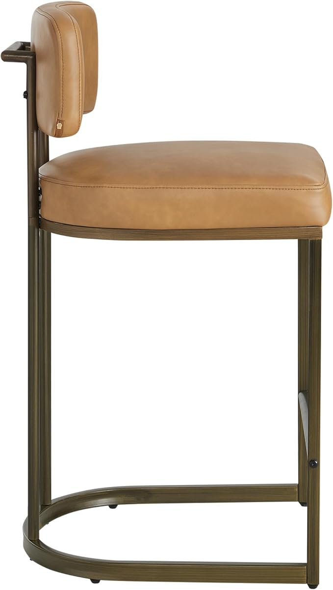 26" H Counter Height Bar Stools Set of 3, Modern Faux Leather Upholstered Barstools with Backrest for Kitchen Island, Gold Metal Frames, Brown