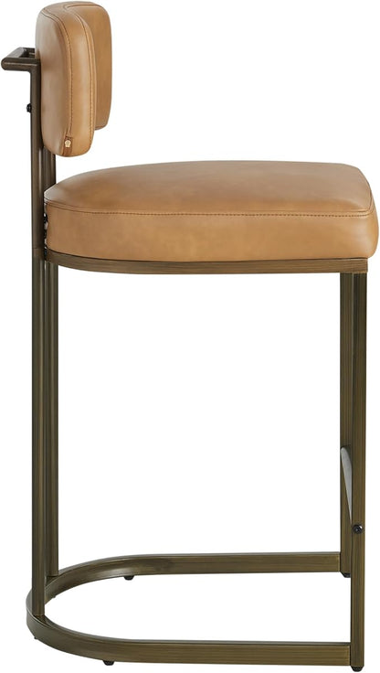 26" H Counter Height Bar Stools Set of 3, Modern Faux Leather Upholstered Barstools with Backrest for Kitchen Island, Gold Metal Frames, Brown