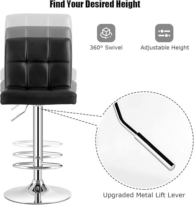 COSTWAY Adjustable Bar Stools Set of 4, Modern Swivel PU Leather Bar Chair with Backrest, Soft Cushioned Seat, Footrest, Sturdy Metal Frame, Comfortable Barstools for Kitchen Island, Pub, Black