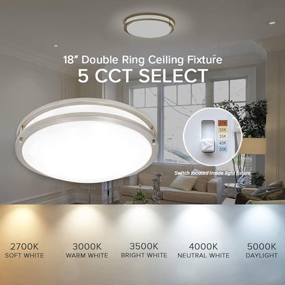 Maxxima 18" LED Flush Mount Ceiling Light Fixture - Satin Nickel Round Light, 2000 Lumens, 5 CCT 2700K/3000K/3500K/4000K/5000K, Dimmable Dual Ring Fixture, Perfect for Kitchen, Living Room, or Bedroom