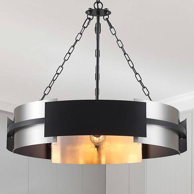 Modern Chandelier 26" Industrial Light Fixture Black and Brushed Nickel 5-Light Large Drum Pendant Lighting for Dining Room Kitchen Island Office Living Room