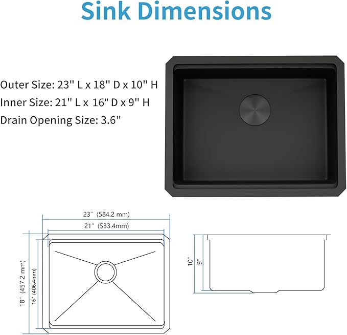 LQS 23 Inch Black Undermount Kitchen Sink, Black Kitchen Sink 23" x 18", 10" Deep Single Bowl Sinks, 16 Gauage Stainless Steel Material, Workstation Ledge With Abundant Accessories
