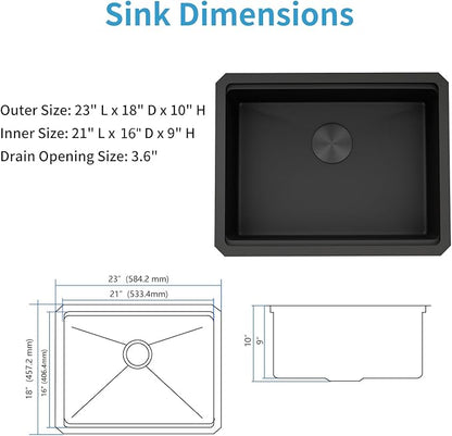 LQS 23 Inch Black Undermount Kitchen Sink, Black Kitchen Sink 23" x 18", 10" Deep Single Bowl Sinks, 16 Gauage Stainless Steel Material, Workstation Ledge With Abundant Accessories