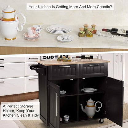 Giantex Kitchen Island Cart, Rolling Island Table with Rubber Wood Tabletop, 2 Drawers, Storage Cabinet & Towel Rack, Bar Kitchen Cart On Wheels for Dining Room (Brown)