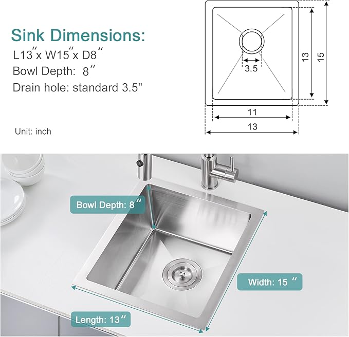 Bar Sink, KINKIB 13 x 15 x 8 inch Undermount Bar Sink or Prep Kitchen Sink, Handmade Kitchen Sink Single Bowl T-304 Stainless Steel Small Sink with Strainer