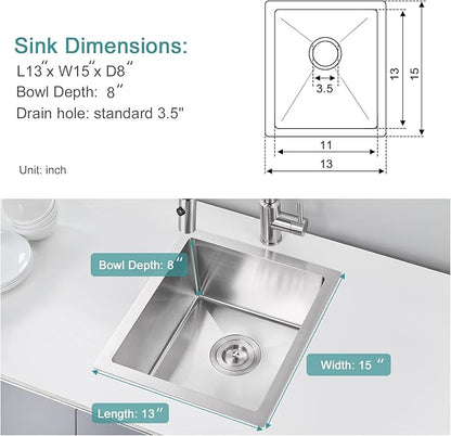 Bar Sink, KINKIB 13 x 15 x 8 inch Undermount Bar Sink or Prep Kitchen Sink, Handmade Kitchen Sink Single Bowl T-304 Stainless Steel Small Sink with Strainer