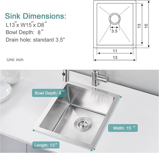 Bar Sink, KINKIB 13 x 15 x 8 inch Undermount Bar Sink or Prep Kitchen Sink, Handmade Kitchen Sink Single Bowl T-304 Stainless Steel Small Sink with Strainer
