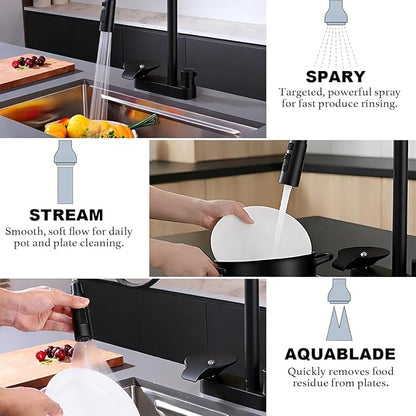 2-in-1 Kitchen Faucet with Pull Down Sprayer, 3 Spray Modes & Built-in Glass Rinser, Lead-Free Brass Single Handle, Matte Black, Fits 1 or 3 Hole Sink, Suitable for Farmhouse Rv Bar