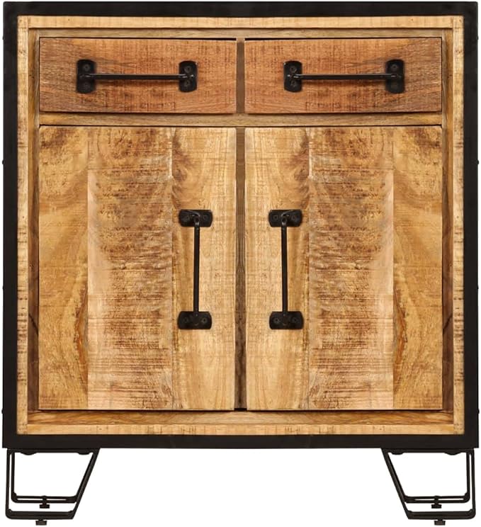 Solid Mango Wood Sideboard Cabinet, Unique Decorative Patterns, 25.6 x 11.8 x 27.6 Inches, Rustic Brown Finish, Living Room Storage Furniture, Easy Assembly Kitchen Furnitur