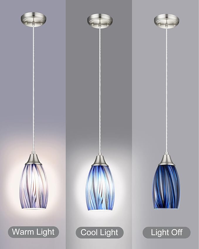 karyfine Dark Blue Glass Mini Pendant Lights for Kitchen Island 3Pack Blown Art Glass Pendant Lighting Shade Hanging Pendant Lights with Brushed Nickel Finish for Kitchen Over Sink,Dining Room