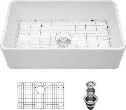 White Farmhouse Sink 33 Inch - Kichae Farm Sink 33x20 Inch Flat White Apron Front Ceramic Porcelain Fireclay Single Bowl Farmer Basin