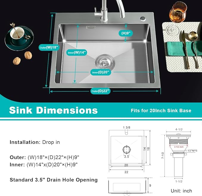 22" Kitchen Sink Drop in, 22" x 18" Single Bowl Sink Topmount 18 Gauge Stainless Steel Kitchen Sink (Brushed)