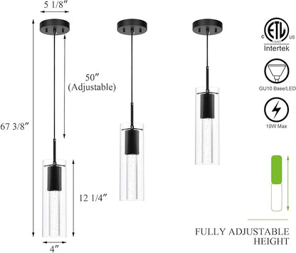 XiNBEi Lighting Pendant Light Fixtures, Black Pendant Lights Kitchen Island with LED Bulb & Bubble Crystal, Kitchen Hanging Lighting for Dining Table Hallway Bedroom Living Room XB-P1110-MB