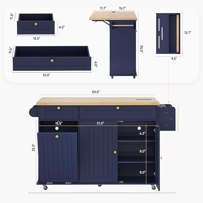 ComfyCorner 60" Rolling Large Kitchen Island on Wheels with Extendable Table, Drop Leaf & Power Outlet, Mobile Kitchen Cart with Storage Cabinet, 2 Drawers, Spice Rack, Towel & Knife Holder, Blue