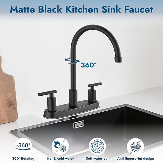 Kitchen Faucets, High Arc 360°Rotating Spout Kitchen Sink Faucet 2 Handle 8 Inch Centerset RV Kitchen Faucet with Supply Lines, 3 Hole Kitchen Faucet Without Side Sprayer, Matte Black