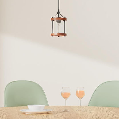 Farmhouse Pendant Light, Rustic Walnut Wood Metal Cage Hanging Light Fixtures with Glass, Adjustable for Flat and Slop Ceiling, Pendant Lighting for Kitchen Island Foyer Hallway,2-Pack