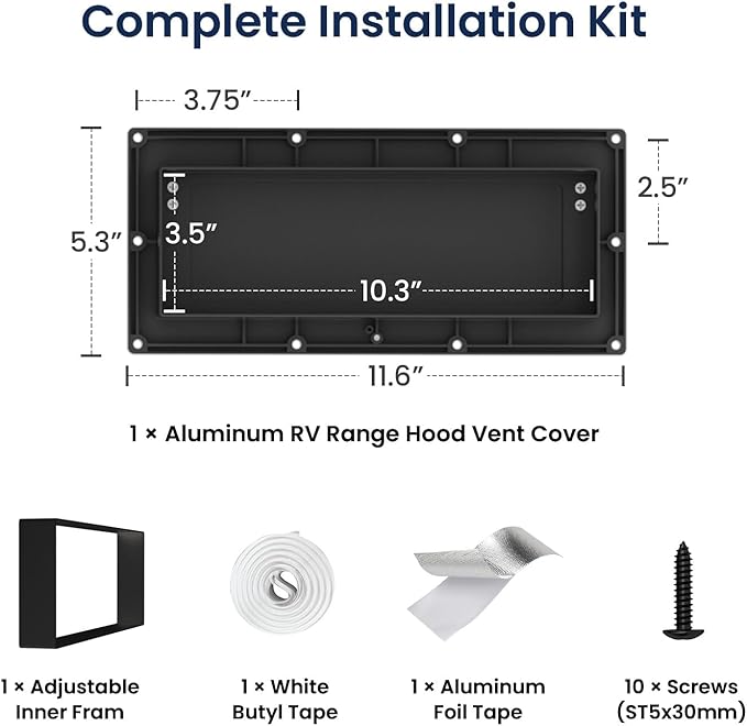 Safoner RV Accessories Exterior- Metal Exhaust Vent Cover with Adjustable Depth, Includes Butyl Tape, Aluminum Stove Hood Replacement for Motorhomes, and Campers- Black