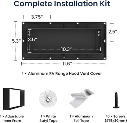 Safoner RV Accessories Exterior- Metal Exhaust Vent Cover with Adjustable Depth, Includes Butyl Tape, Aluminum Stove Hood Replacement for Motorhomes, and Campers- Black