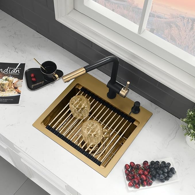 15 Inch Gold Bar Sink Drop In-VASOYO 15x15 Small Kitchen Sink Drop In Bar Sinks Wet Prep 16 Gauge Gold Stainless Steel Outdoor Rv sinks Single Bowl Deep Kitchen Basin with Cutting Board