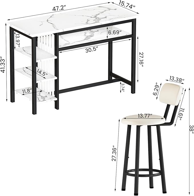 Lamerge Furniture Kitchen Bar Height Table and Chairs for 2, 5-Tier Compact Dining Room Table, White Faux Marble Top and 2 PU Leather Upholstered Seat Black Frame, Modern Dining Set for Home & Office
