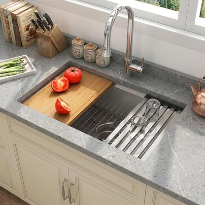 LQS 28 Inch Undermount Kitchen Sink, 28" x 18" x 10" Deep Single Bowl Kitchen Sink, 16 Gauage Stainless Steel Material, Workstation Ledge With R10 Round Corner And Abundant Accessories