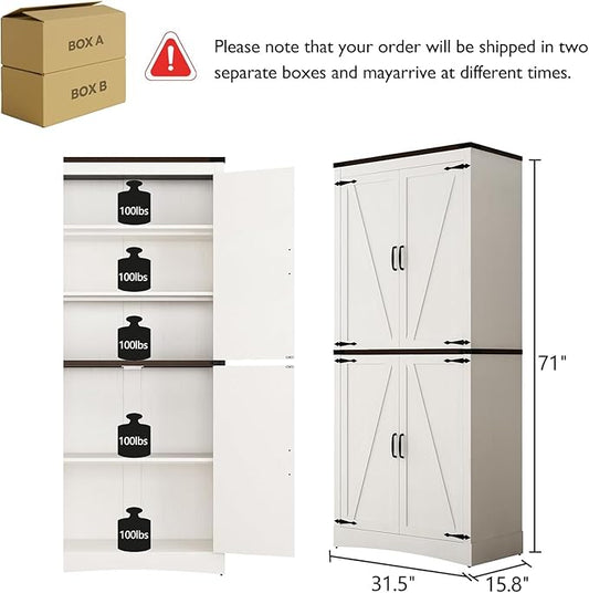 chartustriable 71in Farmhouse Kitchen Pantry Cabinet,Tall Storage Cabinet with 4 Doors and Adjustable shelves,with Load-Bearing Steel Pipe,Wood Storage Cabinets for Kitchen,Dining Room,Bathroom(White)
